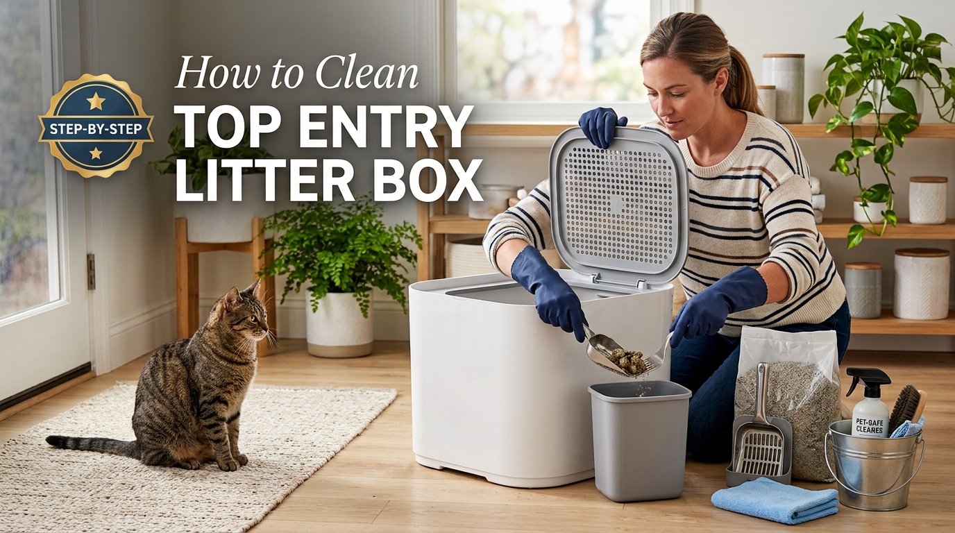 How to Clean a Top Entry Litter Box with a scoop and cleaning supplies.