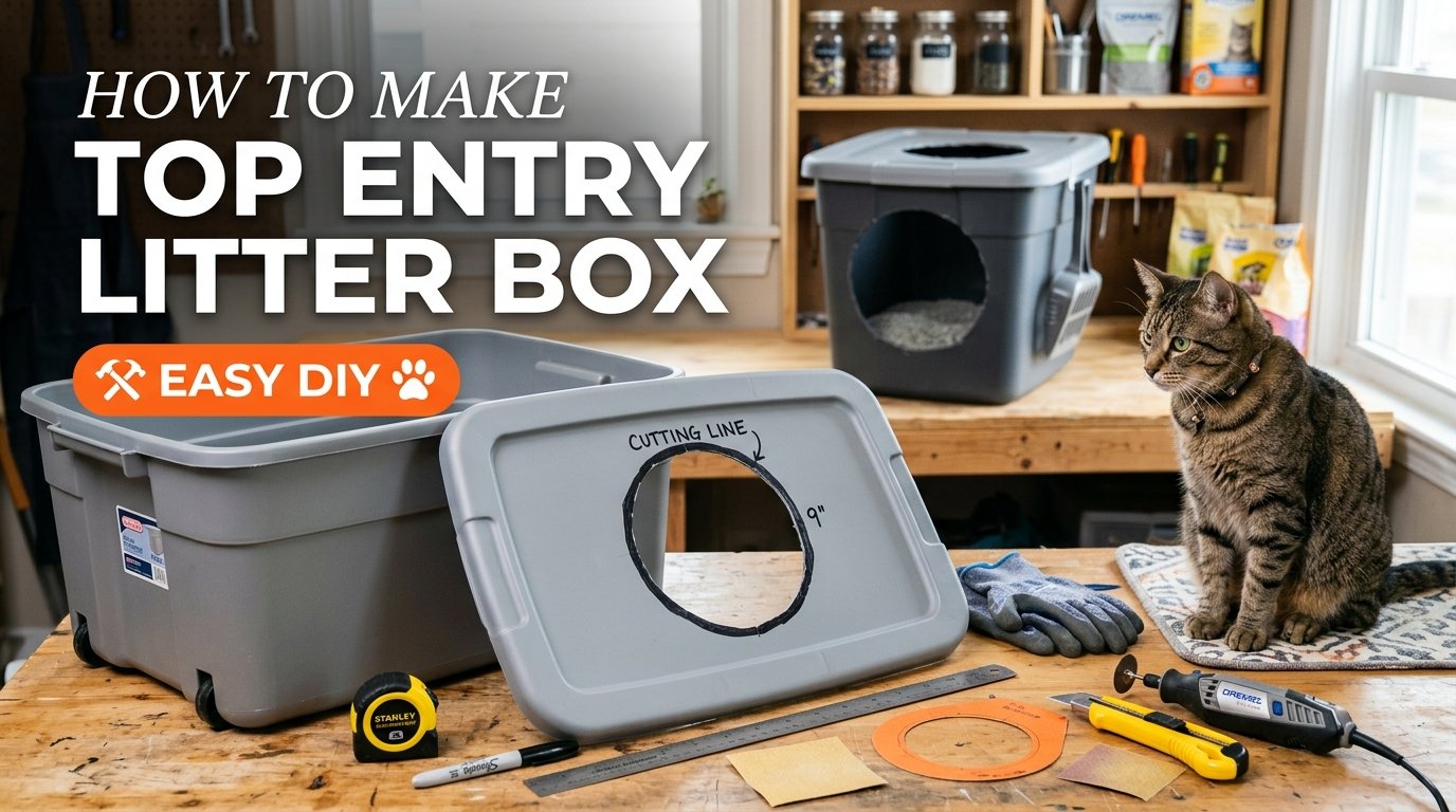 How to Make a Top Entry Litter Box using a plastic storage bin, with a cat-safe entry opening, smooth edges, fresh litter, and a simple DIY setup.