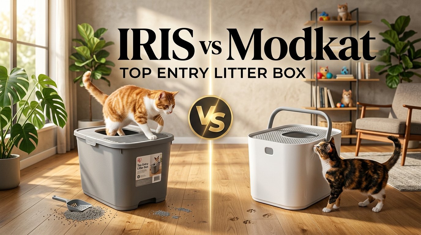 IRIS vs Modkat Top Entry Litter Box comparison with two cats.