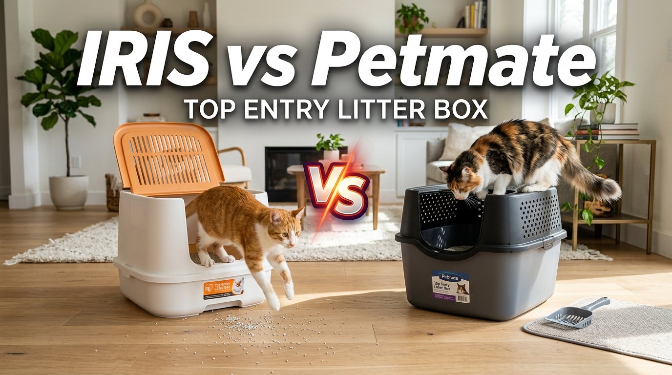 IRIS vs Petmate Top Entry Litter Box side-by-side comparison.