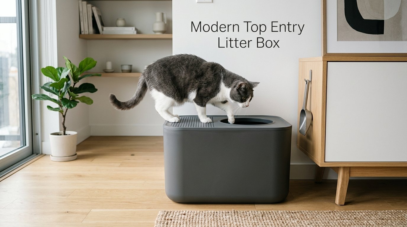 Modern Top Entry Litter Box with a cat exploring a sleek litter box in a contemporary apartment.