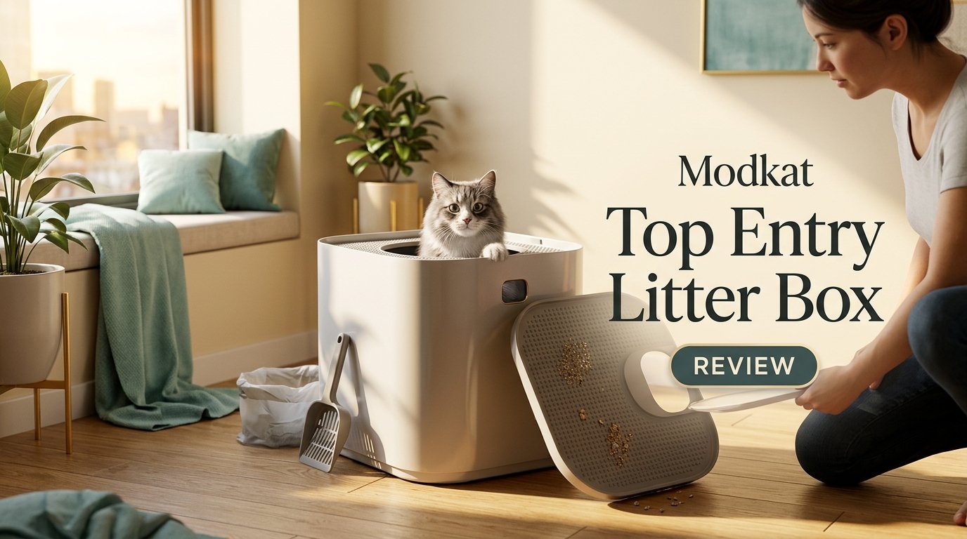 Modkat Top Entry Litter Box Review showing the sleek top-entry litter box being examined in a modern home.