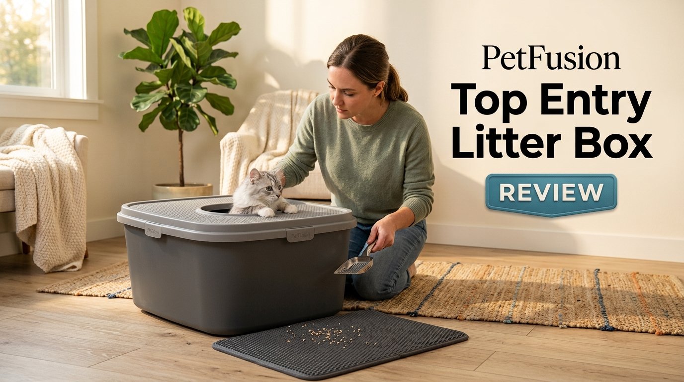 PetFusion Top Entry Litter Box Review showing a cat and owner examining the litter box in a stylish modern home.