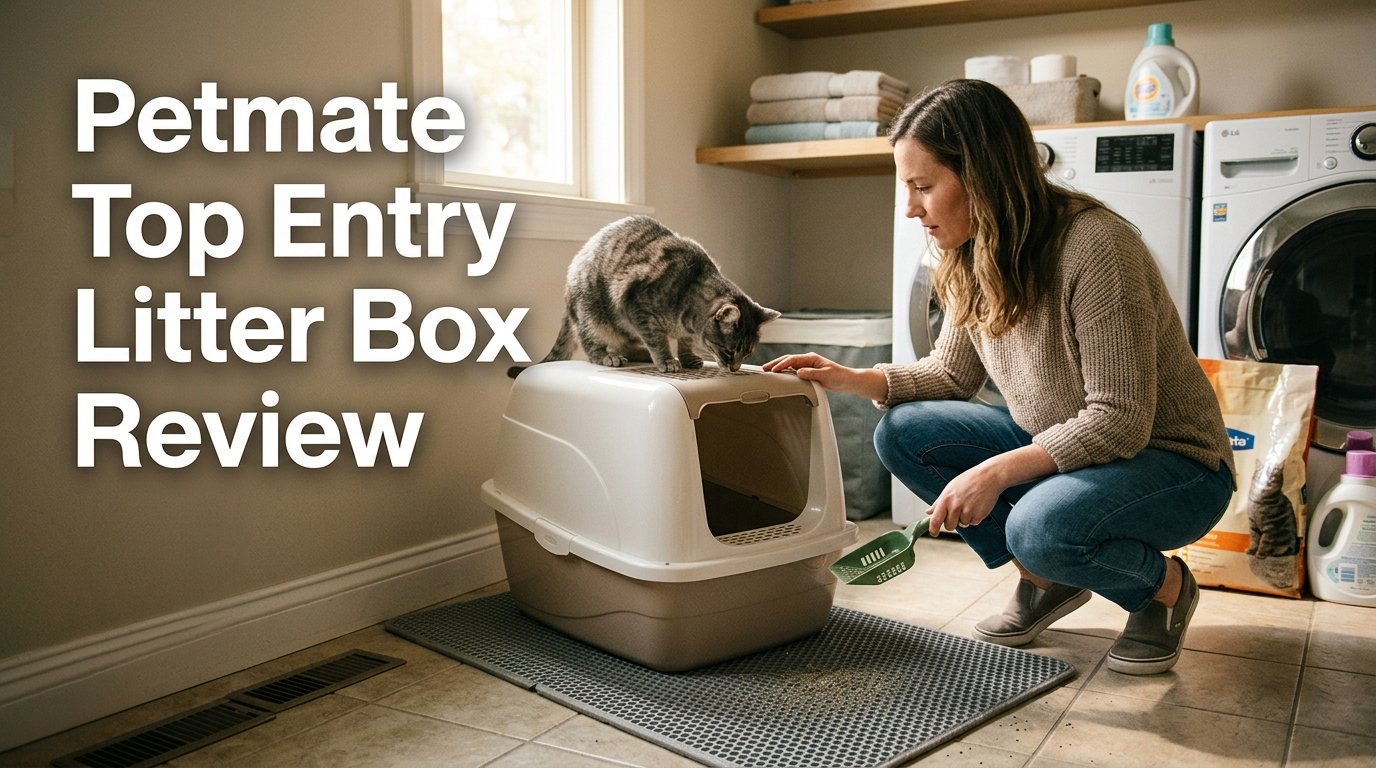 Petmate Top Entry Litter Box Review featuring the litter box being examined in a realistic home setting.