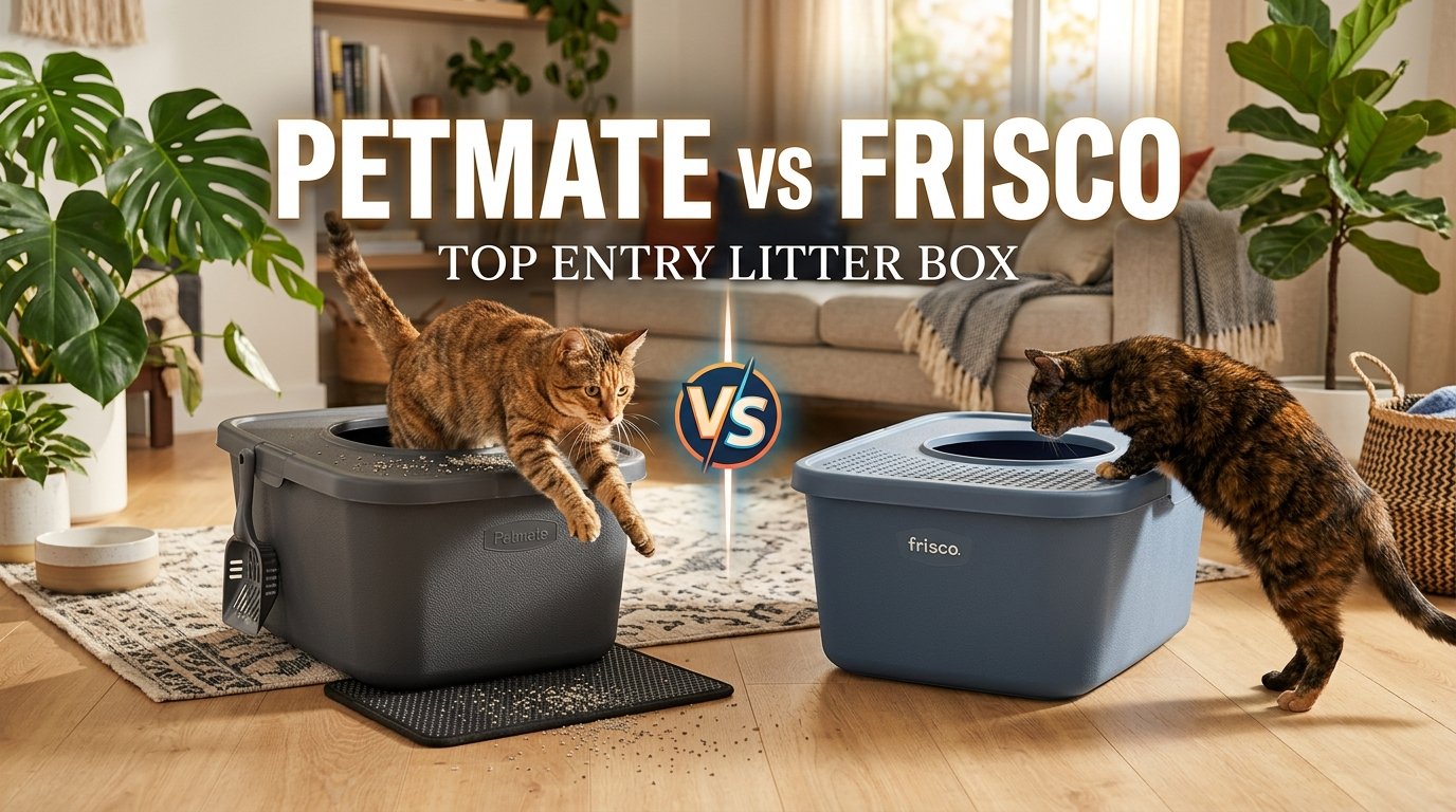 Petmate vs Frisco Top Entry Litter Box side-by-side comparison.
