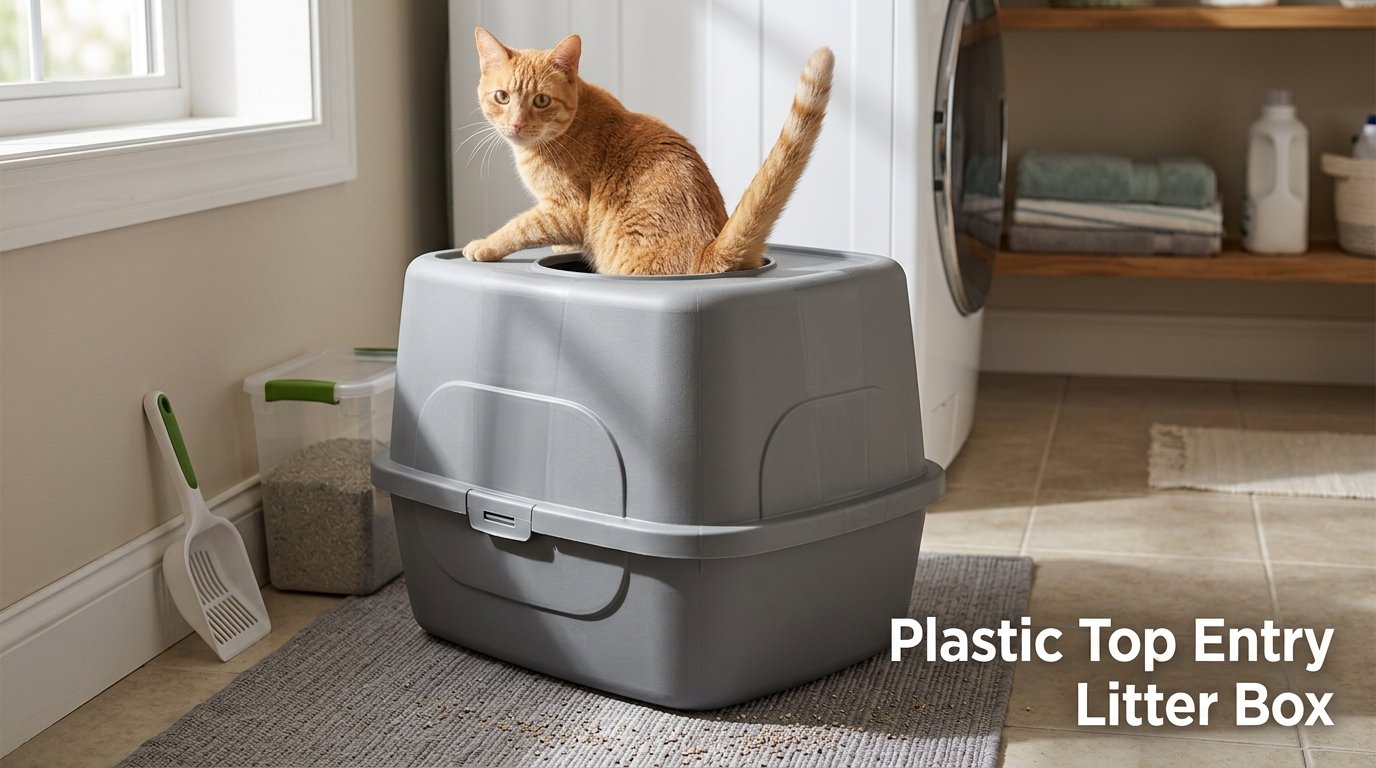 Plastic Top Entry Litter Box with an orange tabby cat exploring the top entrance in a laundry room.