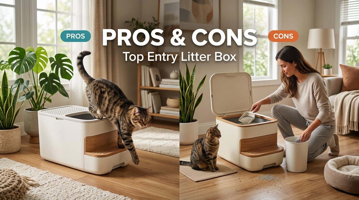 Pros and Cons of Top Entry Litter Box comparison in a modern home.