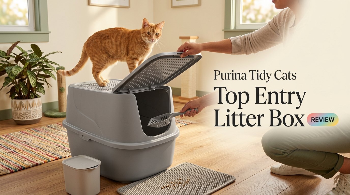 Purina Tidy Cats Top Entry Litter Box Review showing the litter box and cat in a colorful modern home setting.