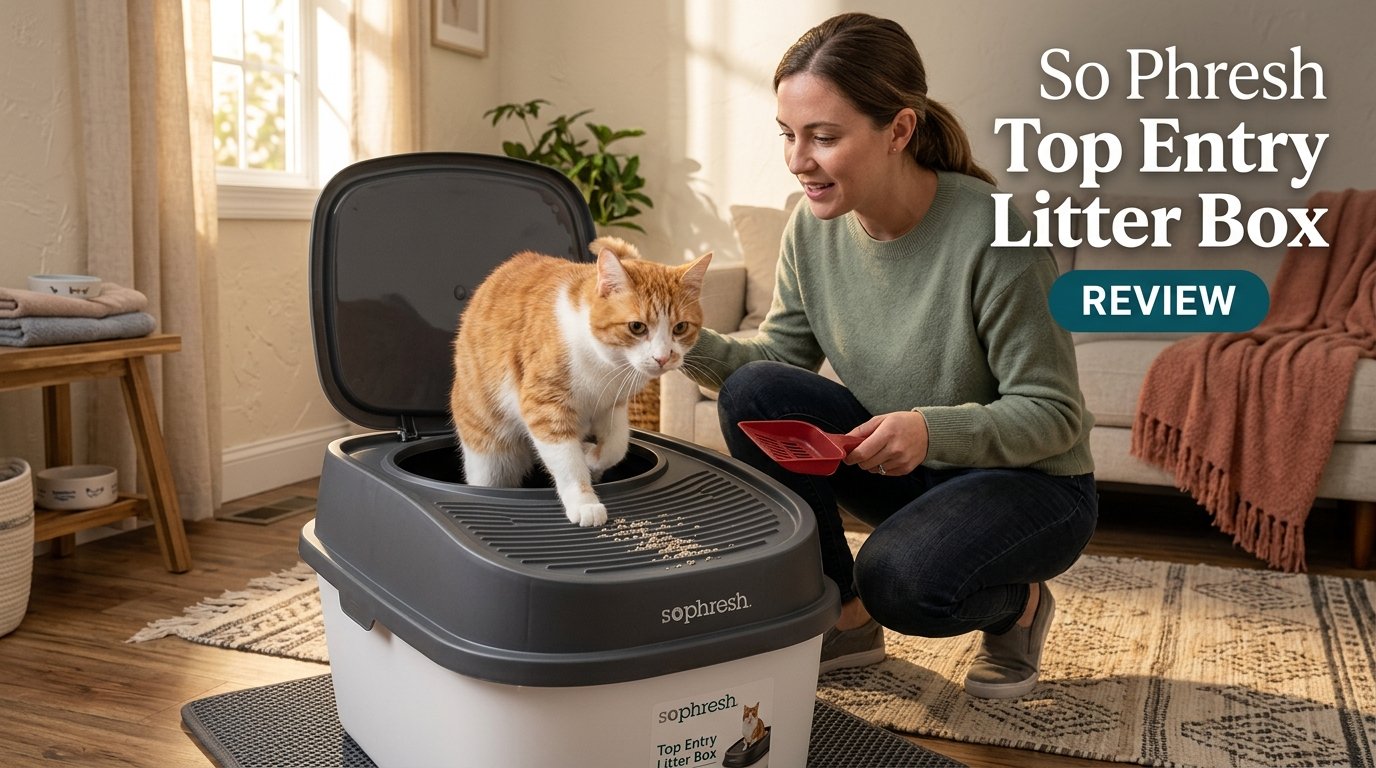 So Phresh Top Entry Litter Box Review showing a cat using the top-entry litter box in a modern home.