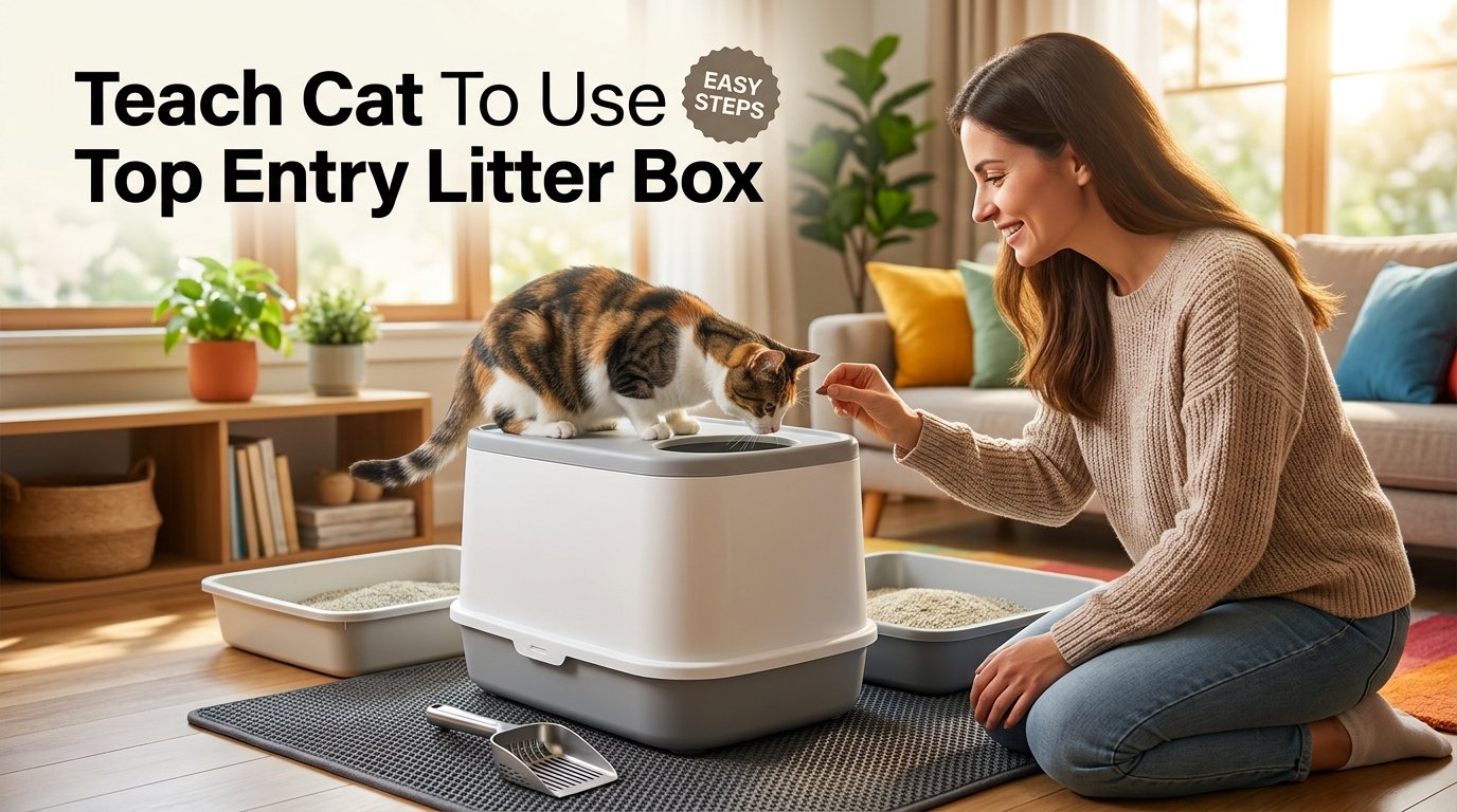 Teach Cat To Use Top Entry Litter Box with a cat exploring a new box.