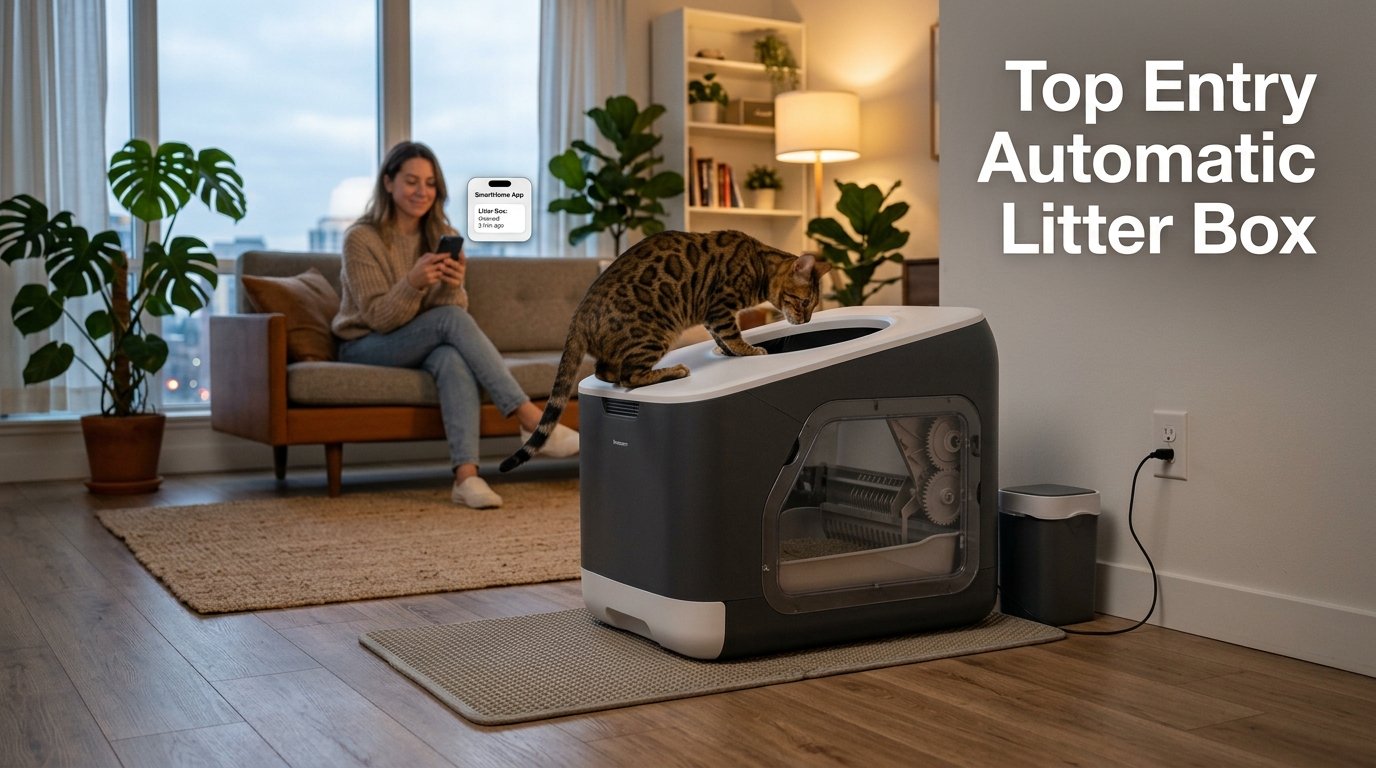 Top Entry Automatic Litter Box with a Bengal cat approaching a modern self-cleaning litter box.