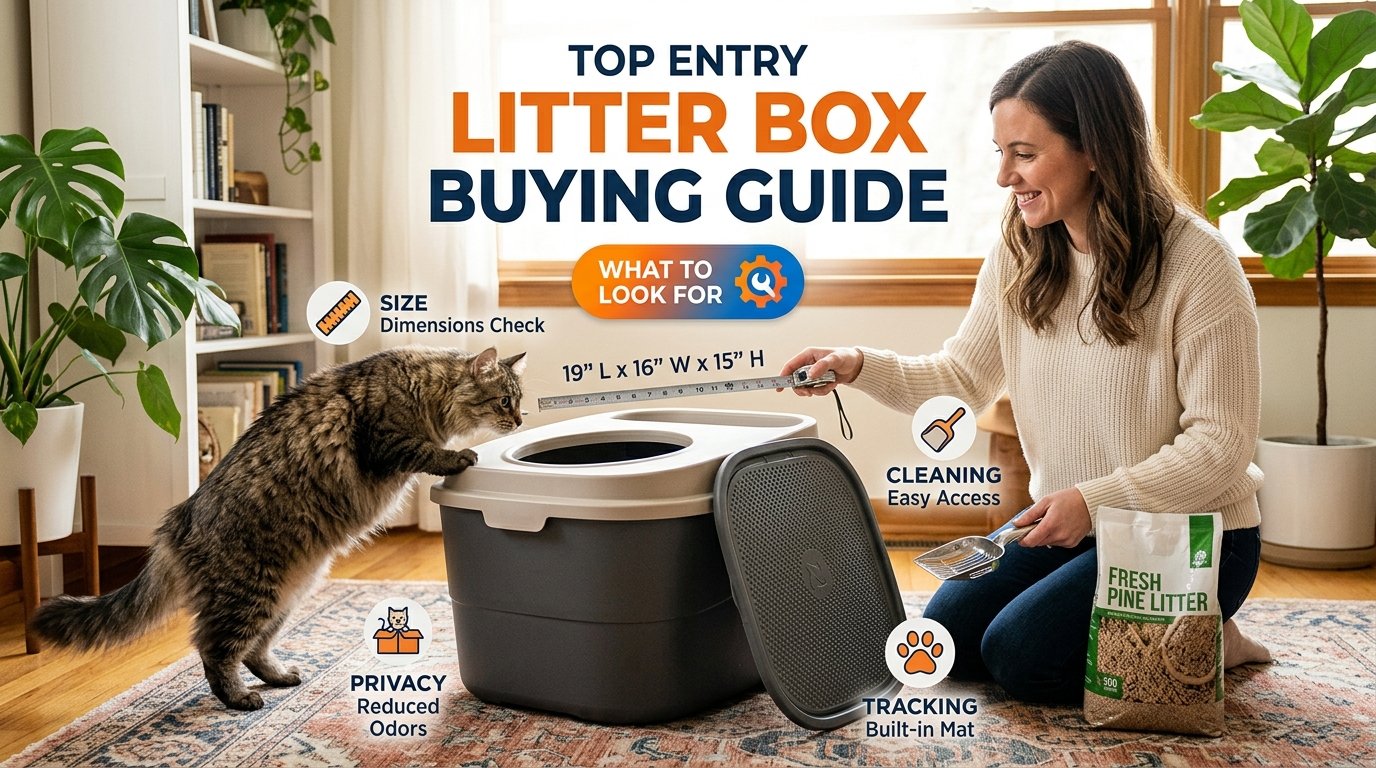 Top Entry Litter Box Buying Guide for choosing the right cat litter box based on size, accessibility, cleaning, privacy, litter tracking, and everyday use.