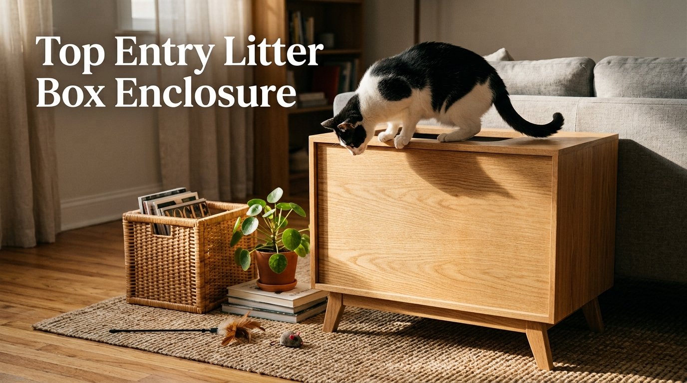 Top Entry Litter Box Enclosure with a cat exploring a hidden litter area inside a stylish furniture cabinet.