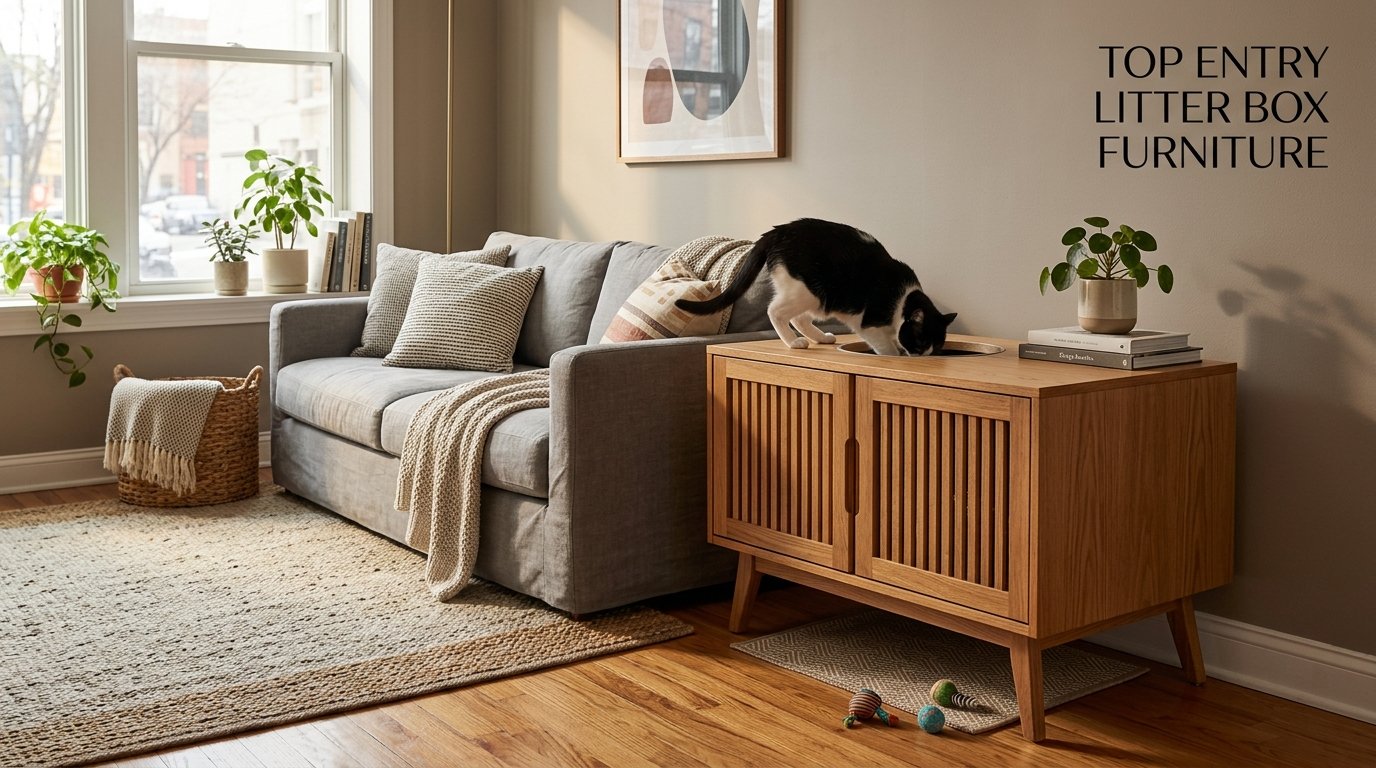 Top Entry Litter Box Furniture with a cat using a hidden top-entry litter area inside stylish wooden furniture.