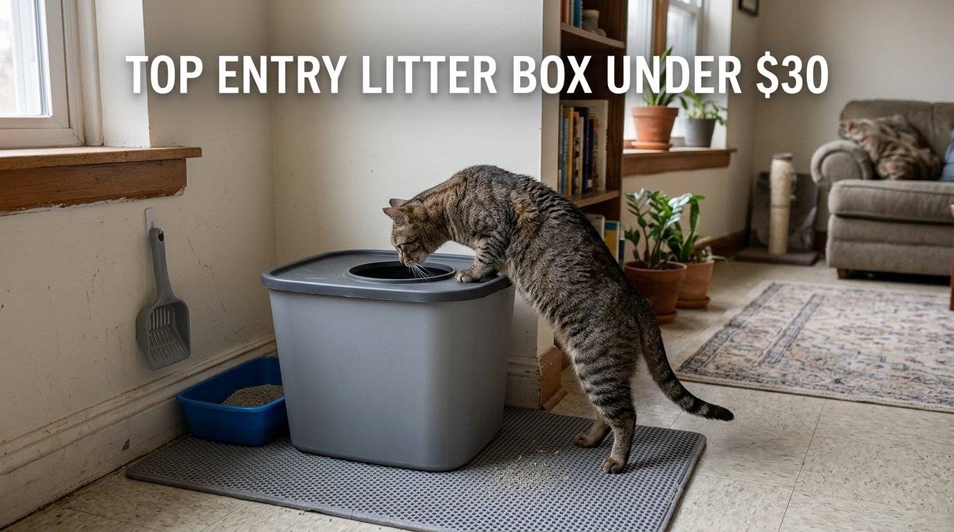 Top Entry Litter Box Under $30 with a cat using a budget-friendly top-entry litter box.