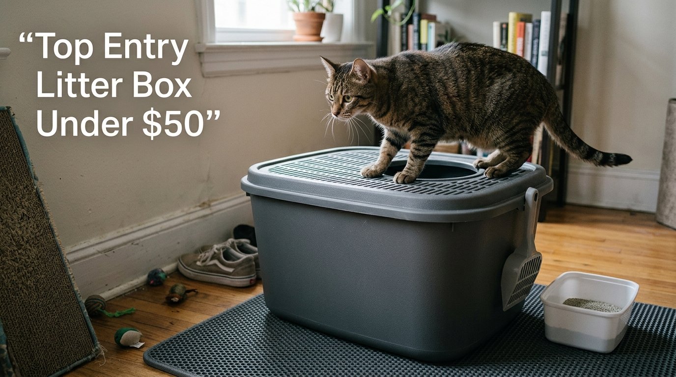 Top Entry Litter Box Under $50 with a cat exploring a practical top-entry litter box in an apartment.