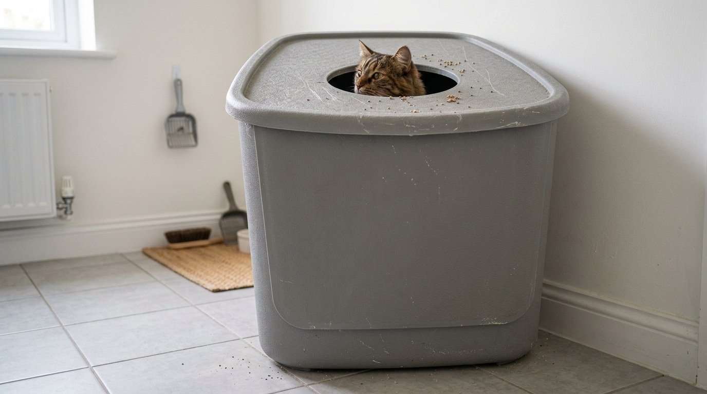 Top Entry Litter Box for High Sprayers with tall walls and a large cat