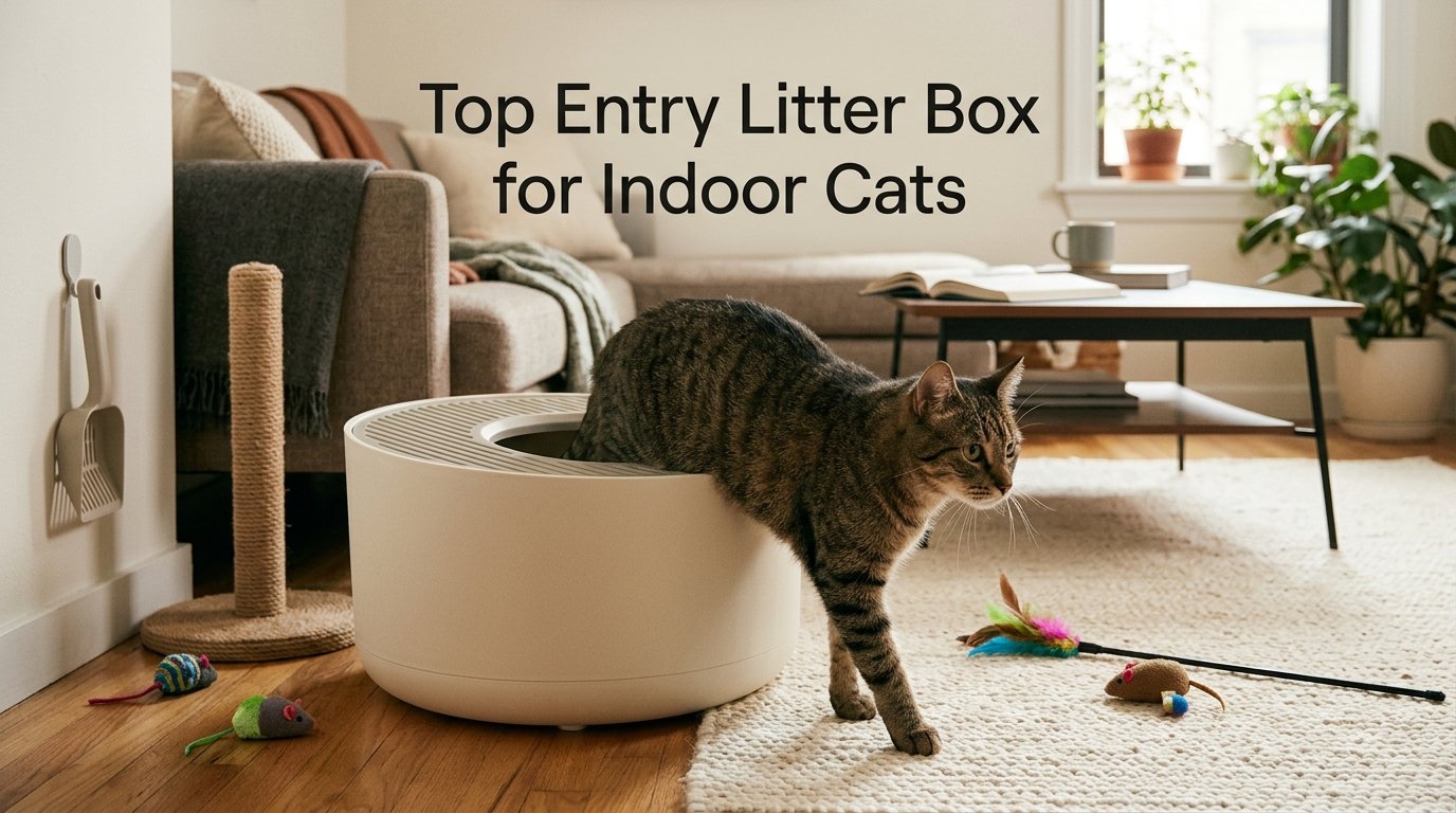 Top Entry Litter Box for Indoor Cats with a relaxed cat using a modern litter box in a cozy home.