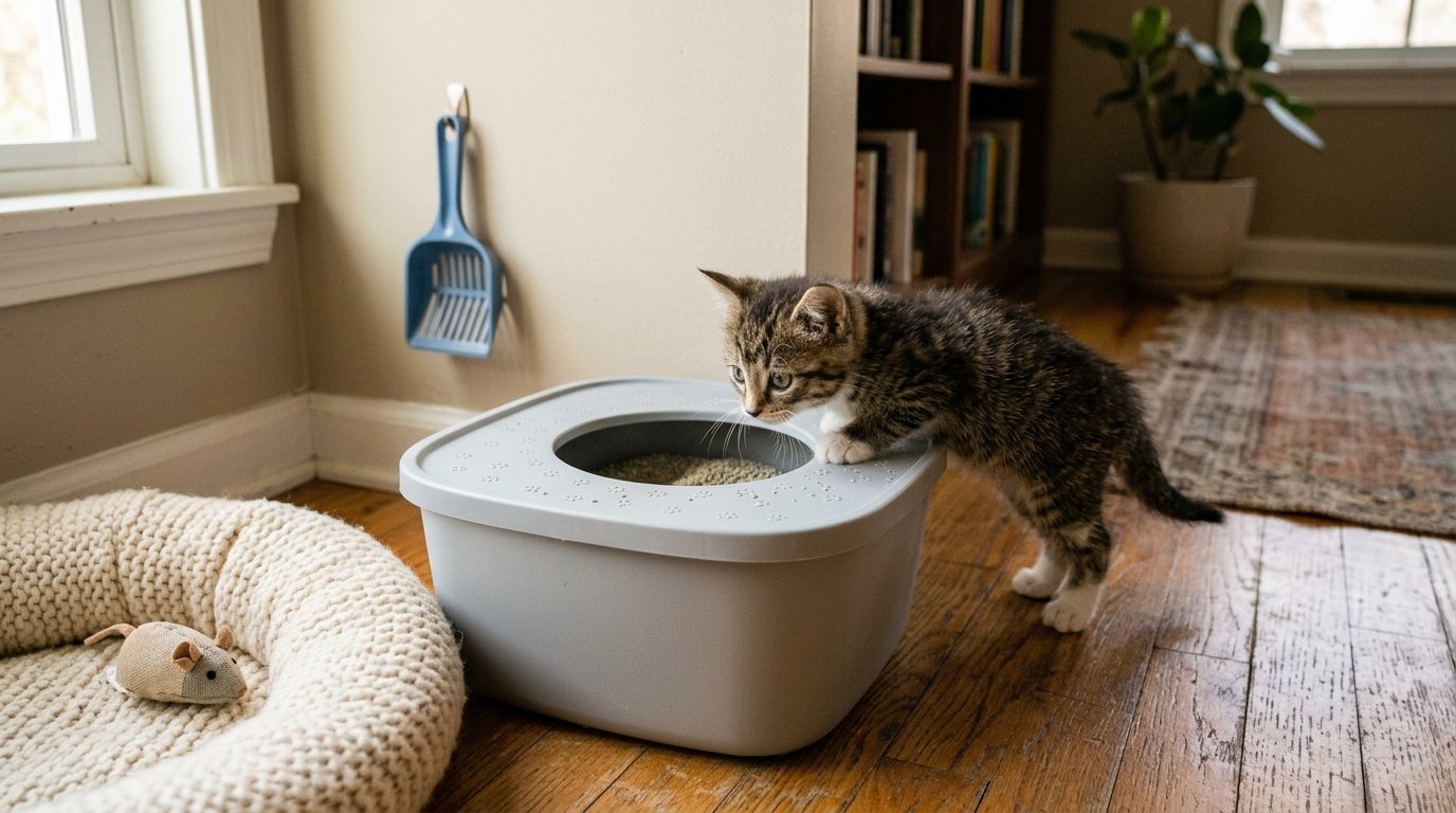 Top Entry Litter Box for Kittens with a young kitten exploring the entrance