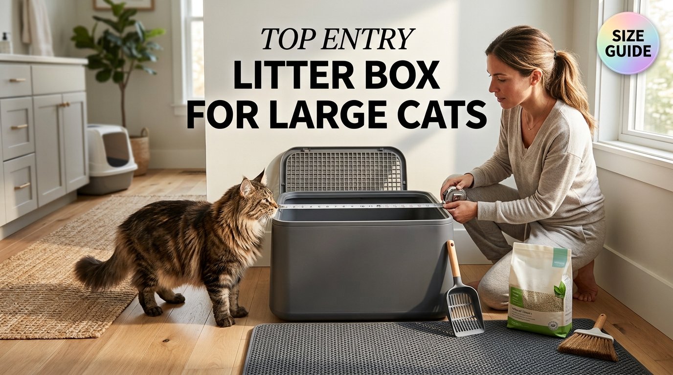 Top Entry Litter Box for Large Cats with a spacious design, wide entry, comfortable interior, measuring guide, and litter tracking features for bigger cats.