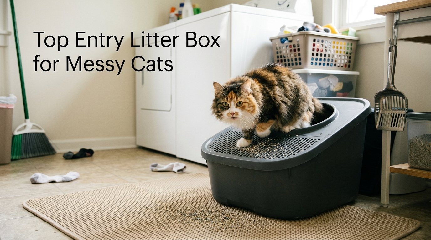 Top Entry Litter Box for Messy Cats with a cat stepping onto a litter-catching mat after using the box.