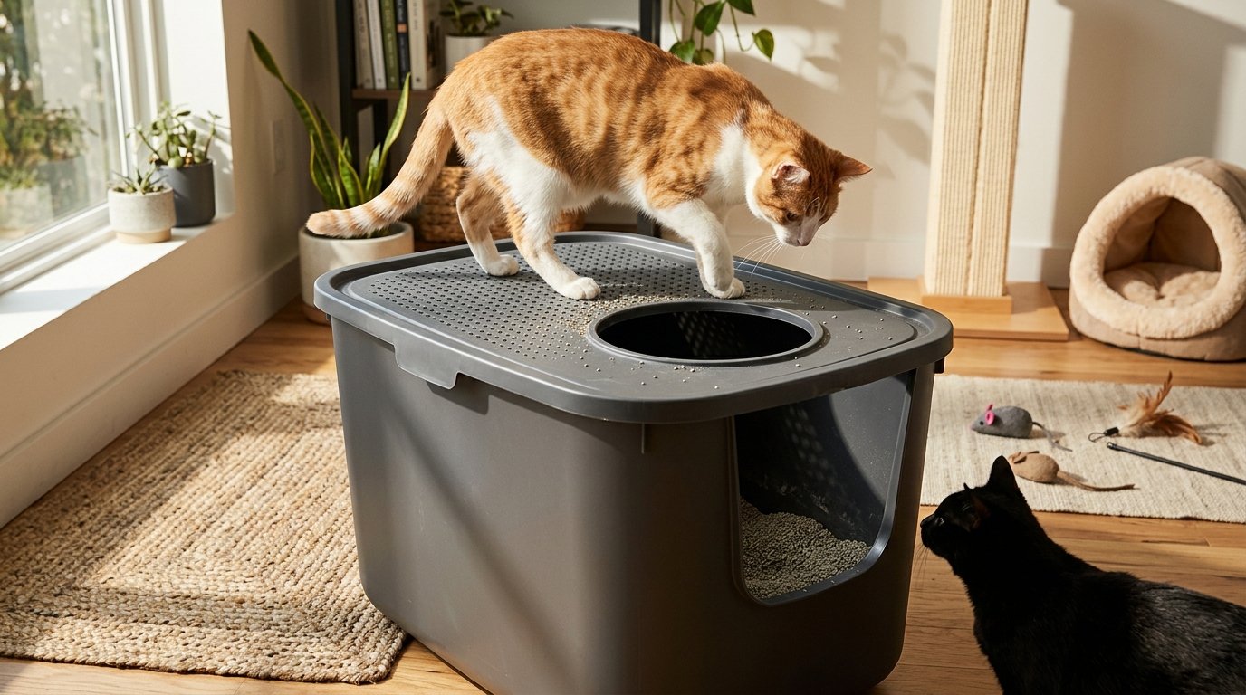 Top Entry Litter Box for Multiple Cats in a bright cat-friendly home with two cats