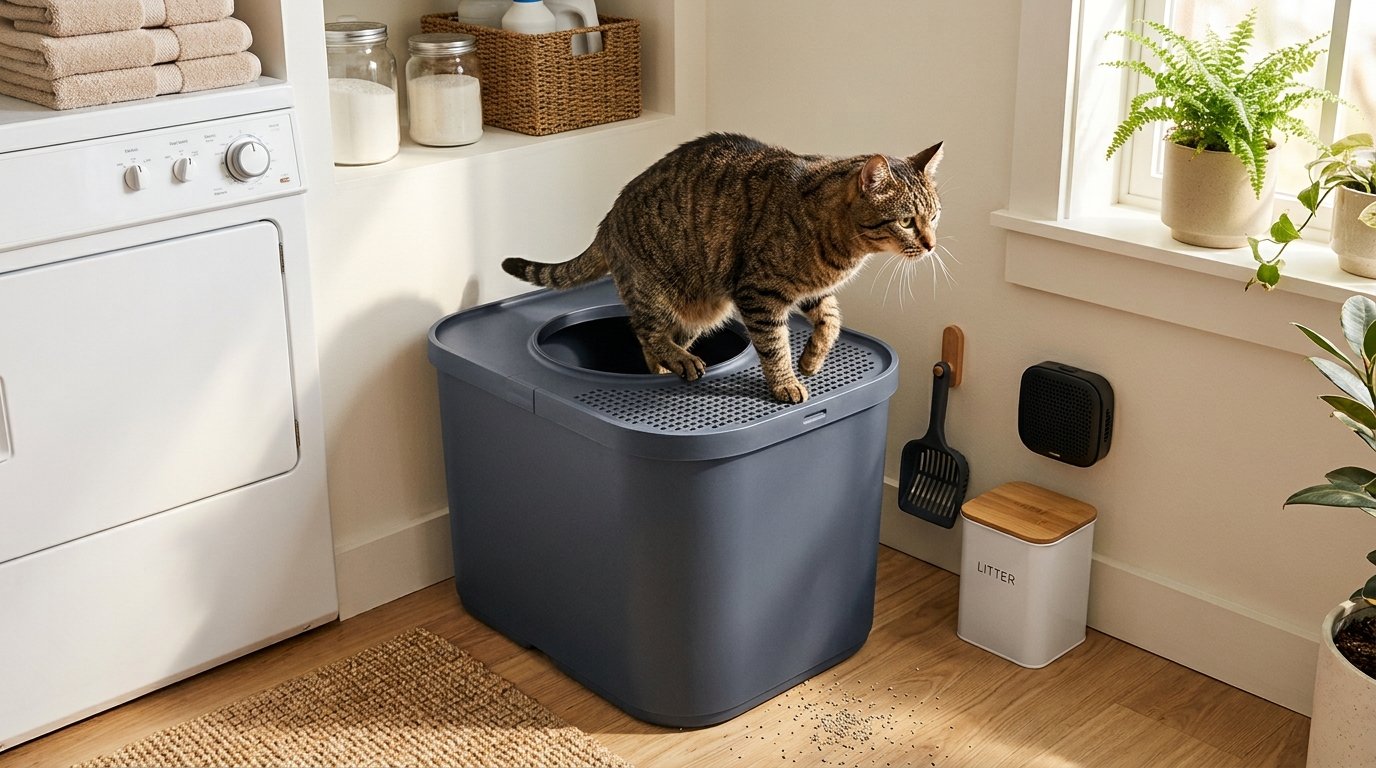 Top Entry Litter Box for Odor Control with a tabby cat in a clean laundry area