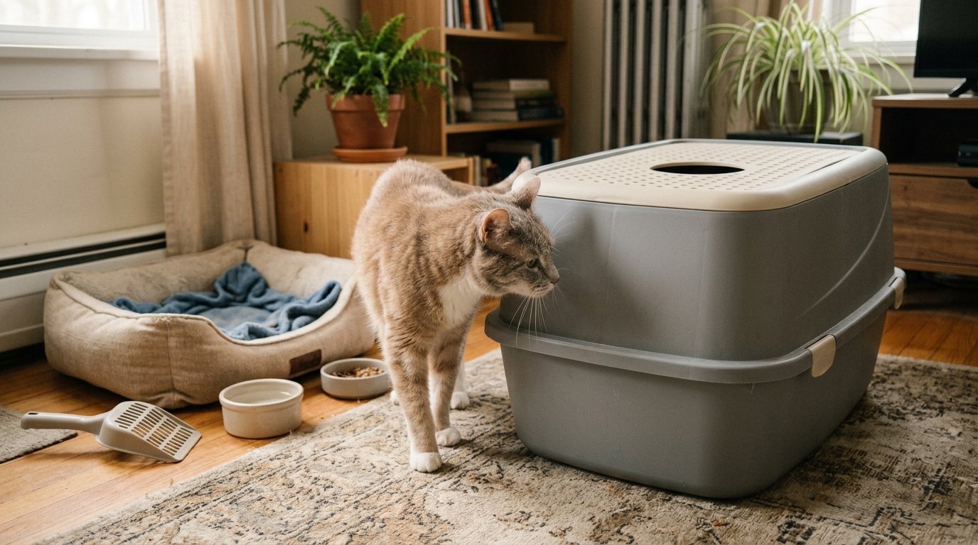 Top Entry Litter Box for Senior Cats with an older cat approaching the entrance
