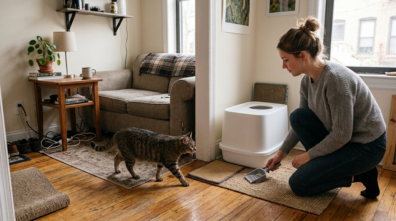 Top Entry Litter Box for Small Apartments in a compact home with a cat