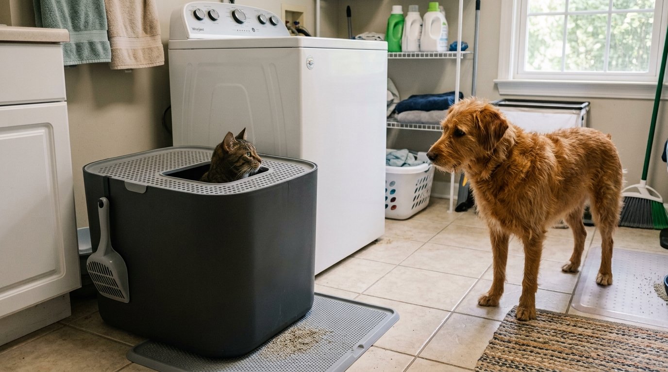 Top Entry Litter Box to Keep Dogs Out with a cat using it while a dog waits nearby