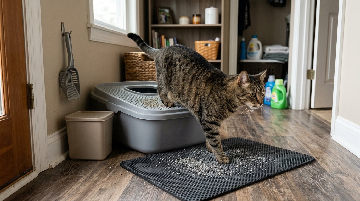 Top Entry Litter Box to Stop Litter Tracking with a cat stepping onto a litter mat