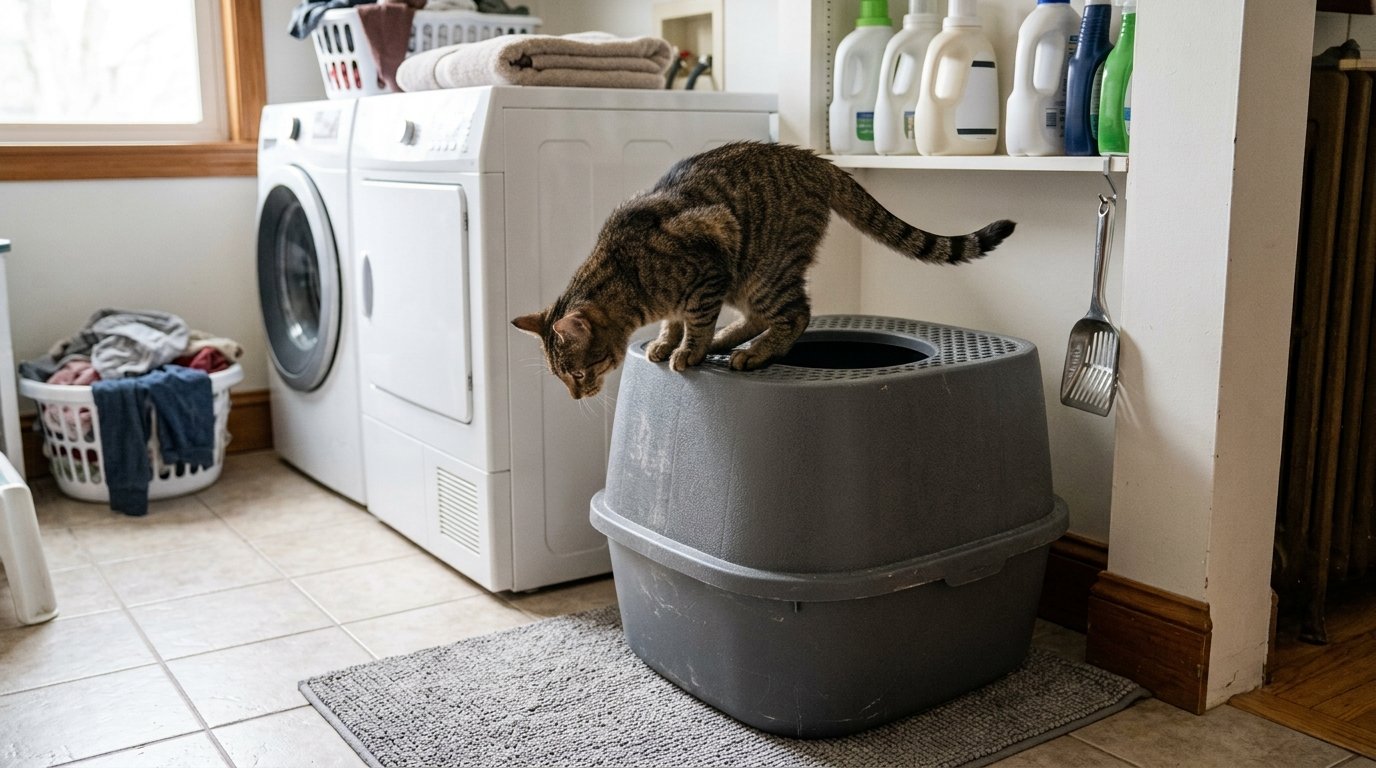 Top Entry Litter Box with Lid and a tabby cat using the covered entrance