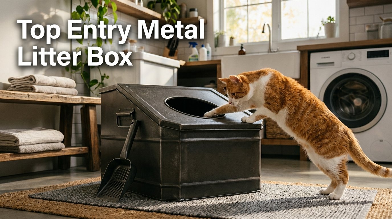 Top Entry Metal Litter Box with a cat exploring the sturdy metal top entrance in a modern utility room.