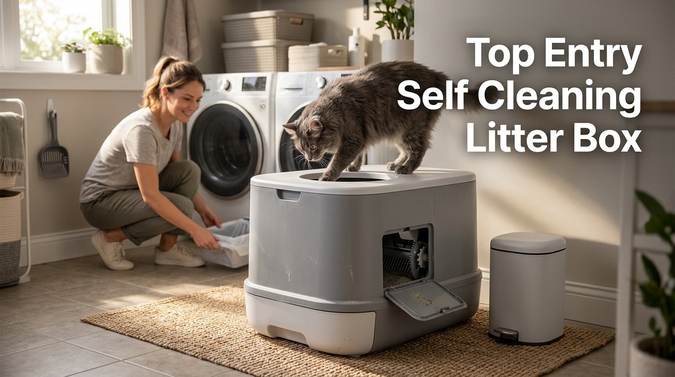 Top Entry Self Cleaning Litter Box with a cat using a modern automatic-cleaning litter box.