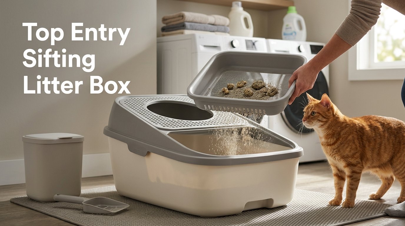 Top Entry Sifting Litter Box with a cat watching its owner use the built-in sifting tray.