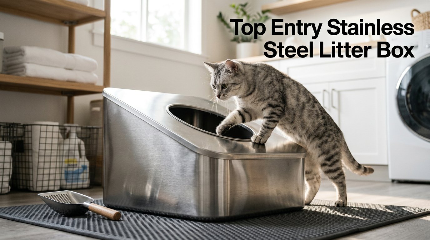 Top Entry Stainless Steel Litter Box with a silver tabby cat stepping onto a brushed-metal top-entry box.