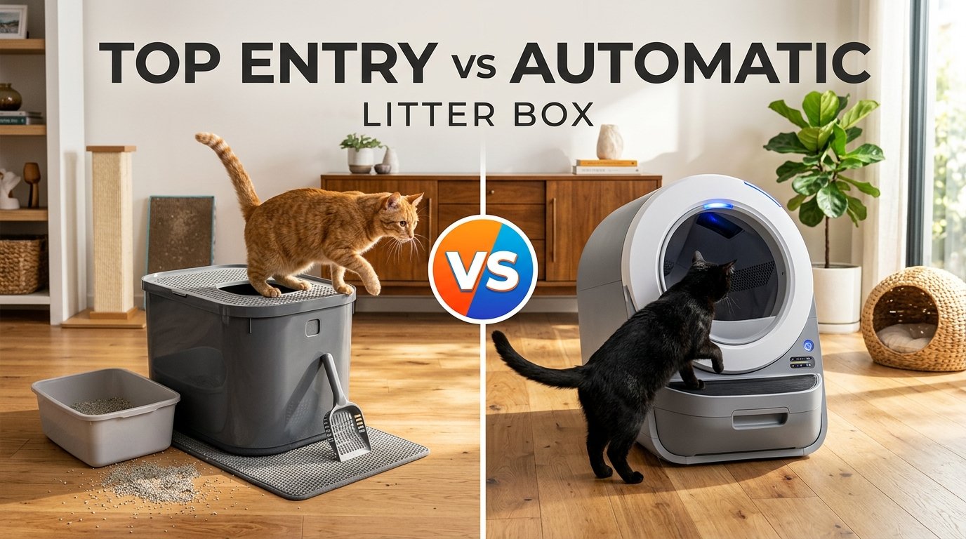 Top Entry vs Automatic Litter Box comparison in a modern cat home.