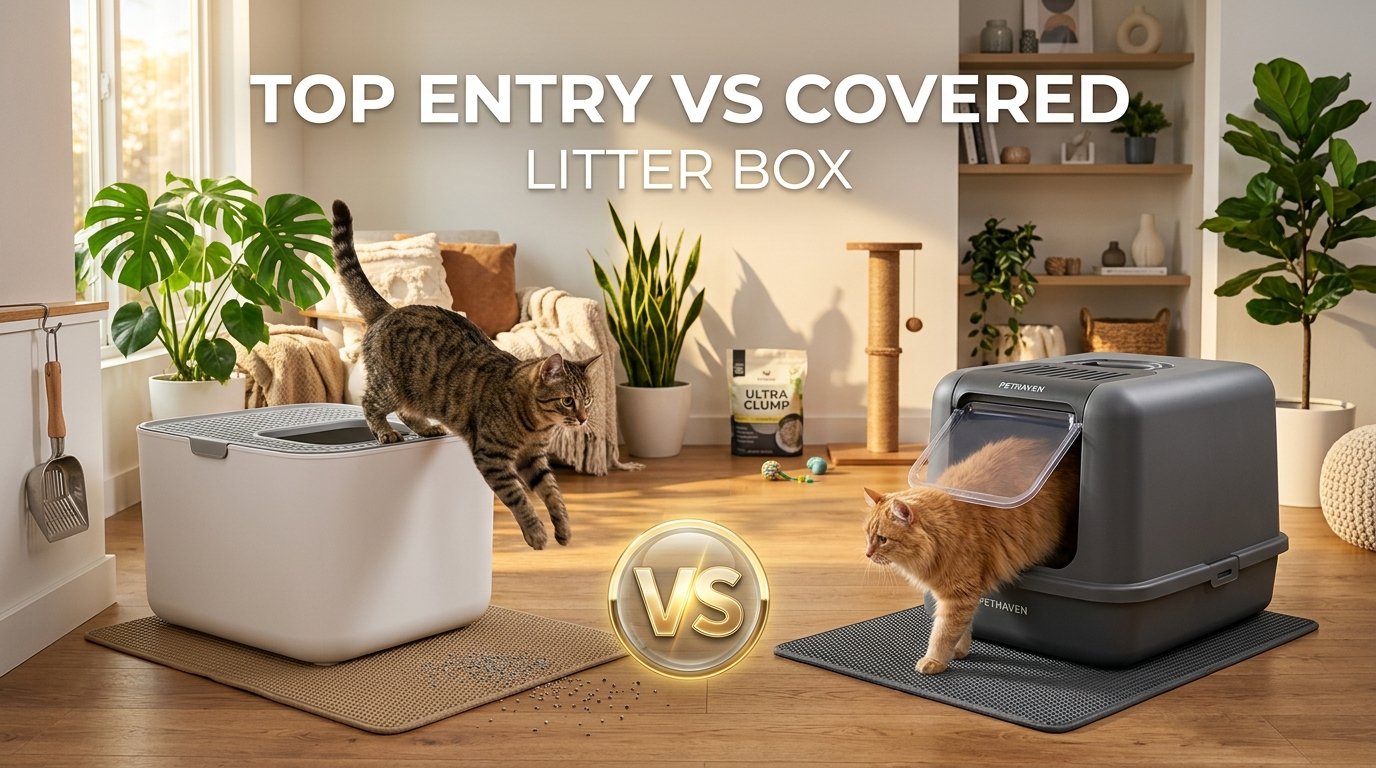 Top Entry vs Covered Litter Box comparison with two cats.