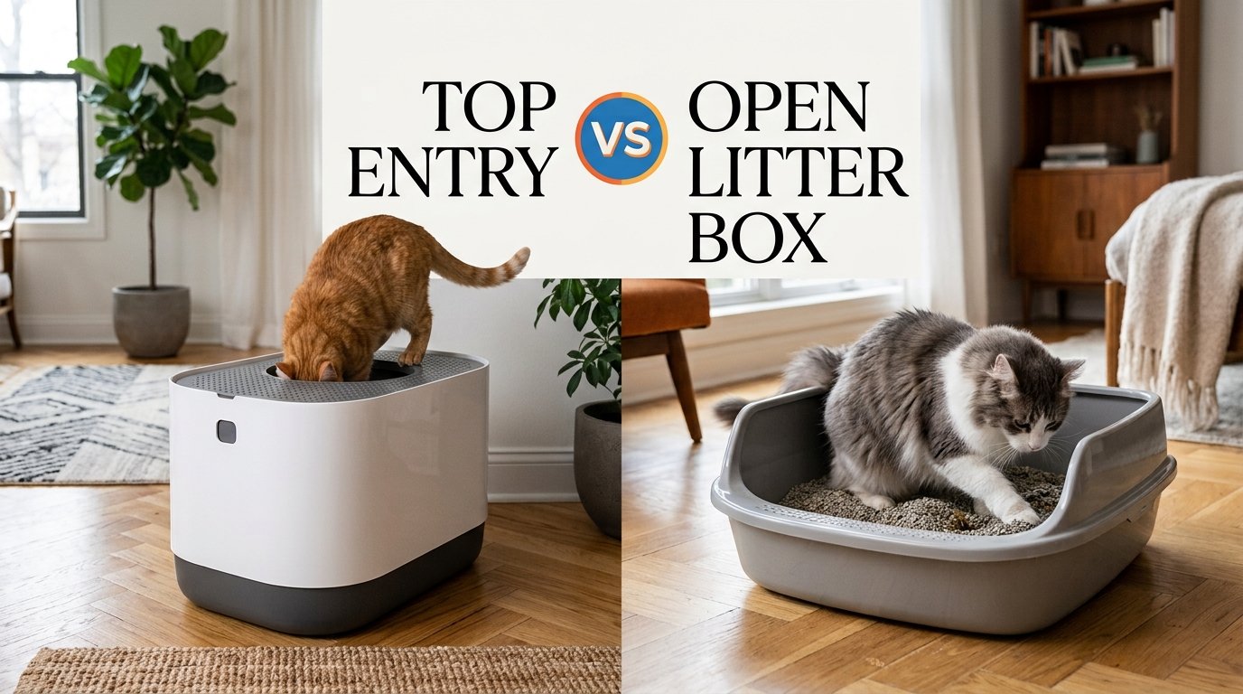 Top Entry vs Open Litter Box comparison with two cats in a modern home.
