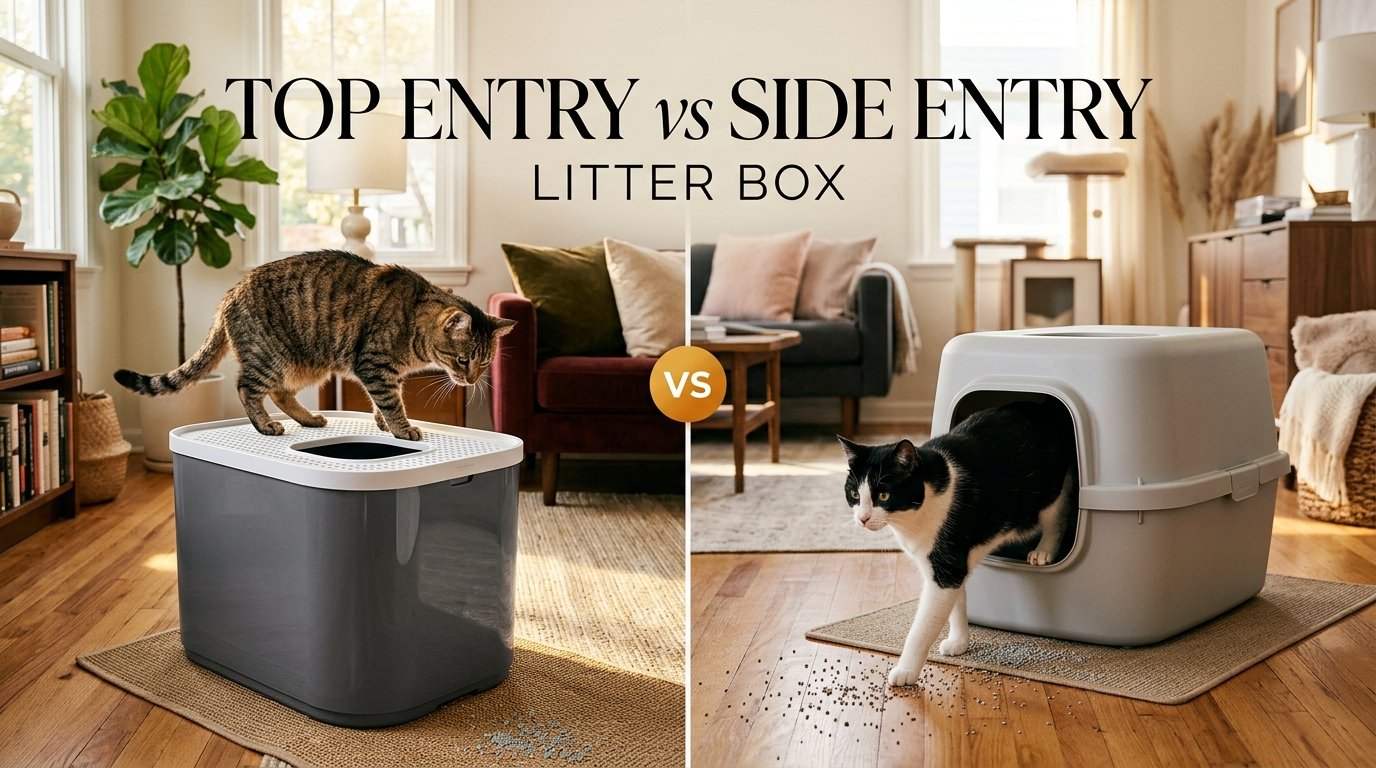 Top Entry vs Side Entry Litter Box comparison in a modern home.