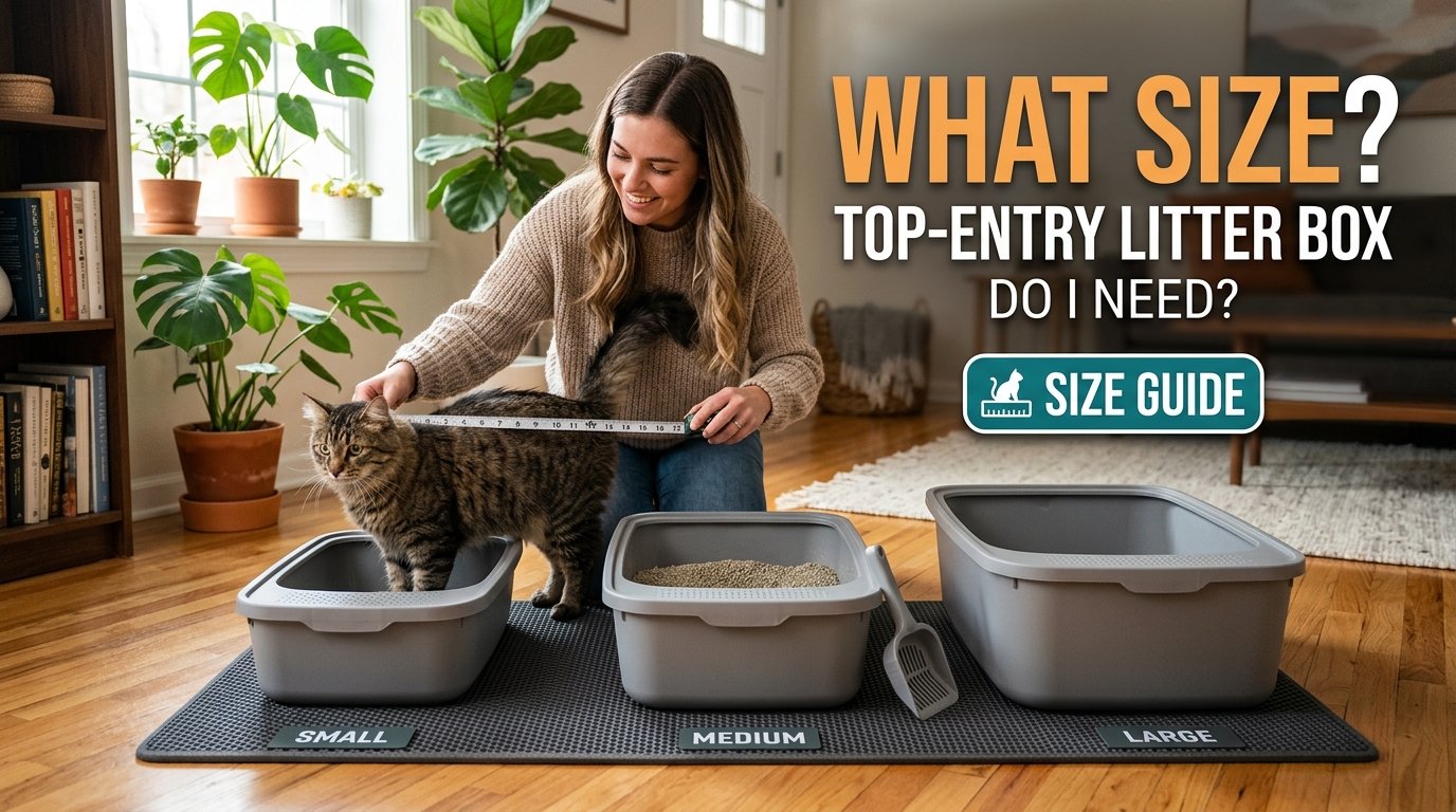 What Size Top Entry Litter Box Do I Need? Cat beside different box sizes.