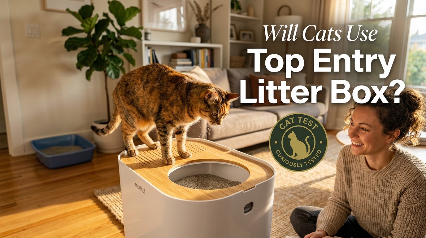 Will Cats Use a Top Entry Litter Box with a cat exploring the opening.