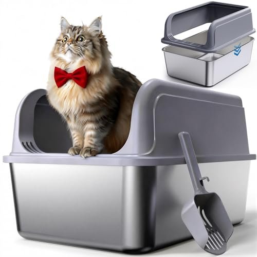 Powools Stainless Steel Cat Litter Box, High-Sided
