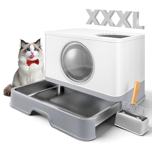 XXXL Stainless Steel Litter Box with Lid, Front Entry & Top