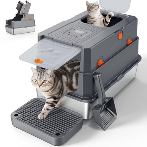 FURTIME Stainless Steel Litter Box with Lid, Enclosed Metal