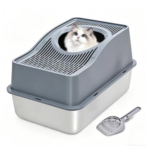 Kettnjoy Top Entry Cat Litter Box with Lid, Stainless Steel