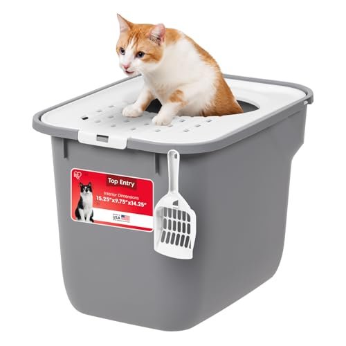 IRIS USA large gray plastic top entry litter box with grooved lid