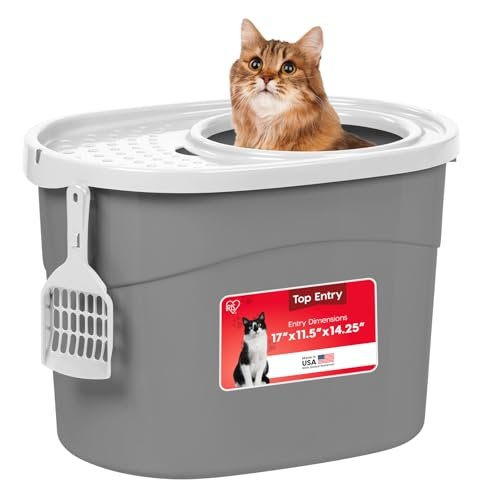 IRIS USA Top Entry Cat Litter Box, Hooded Privacy, Large, Gray/White