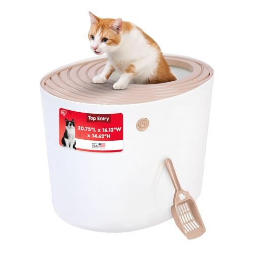 IRIS USA Large Top Entry Cat Litter Box, Hooded Privacy, Beige/White