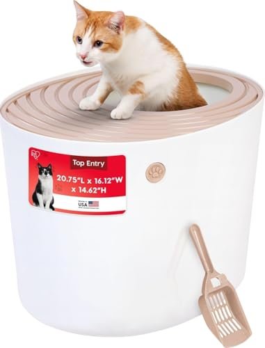 IRIS USA Top Entry Cat Litter Box, Hooded Privacy, Large, Beige/White